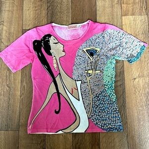 Salepepe Euro Top Size Medium Vintage Y2K Sequins Woman Face Drinking Cocktail